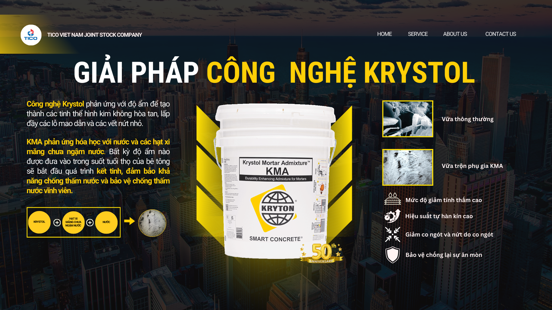 Tinh thể thẩm thấu Krystol Mortar Admixture (KMA) 8 Giải pháp công nghệ krysol hàn gắn vết nứt Tinh thể thẩm thấu Krystol Mortar Admixture